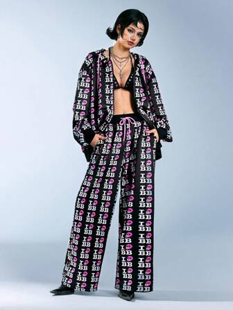 Betty Boop | ROMWE Conjunto de 2 piezas de estilo urbano para mujer: Sudadera con capucha con cremallera y cordón y pantalón de chándal