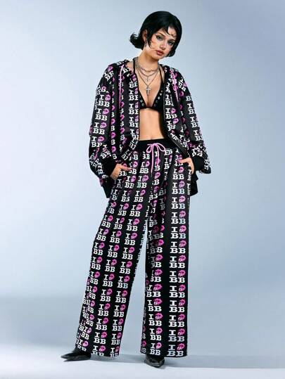 Betty Boop | ROMWE Hot Girl Subculture Street Slogan Allover Print Oversized Streetwear Style Women 2pcs Set: Zip Placket Drawstring Hoodie & Sweatpants