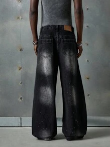 NEON BLANC Jeans casuales de corte holgado, de ajuste relajado, con patrón floral de rhinestones para hombre