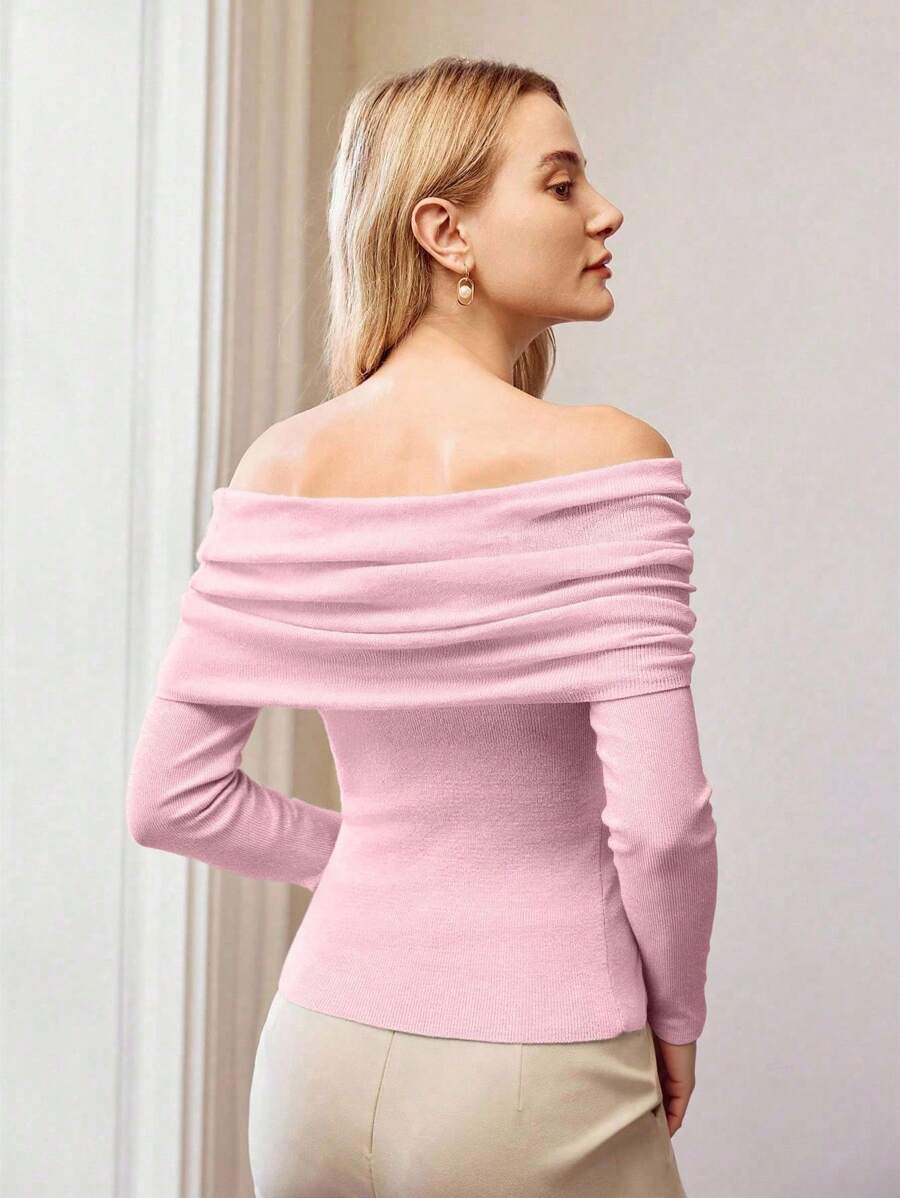 MOTF PREMIUM OFF SHOULDER RUCHED SWEATER KNIT PULLOVER FALL WINTER - Pink - View 2