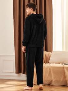 Manfinity Underwear&Sleepwear Basics Bộ đồ ngủ 2 món bằng vải nỉ trơn màu dành cho nam, trang phục thu đông - màu đen - Xem 2