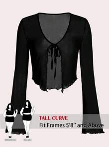 SHEIN Tall CURVE 加大码系带喇叭袖生菜花边网眼上衣，女士休闲结饰，生菜花边荷叶边袖 V 领常规版型黑色拼色，纯色女式上衣，春/秋，休闲日常穿着 - 黑色 - 查看 1