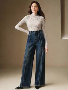 Anewsta Jeans rectos y sueltos de estilo casual con diseño de bolsillos de palillo para mujeres