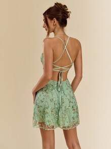 SHEIN BAE 女士细肩带迷你连衣裙，夏季时尚，节日连衣裙，花卉串珠连衣裙，露背吊带连衣裙，女士早午餐装 - 薄荷綠 - 查看 2