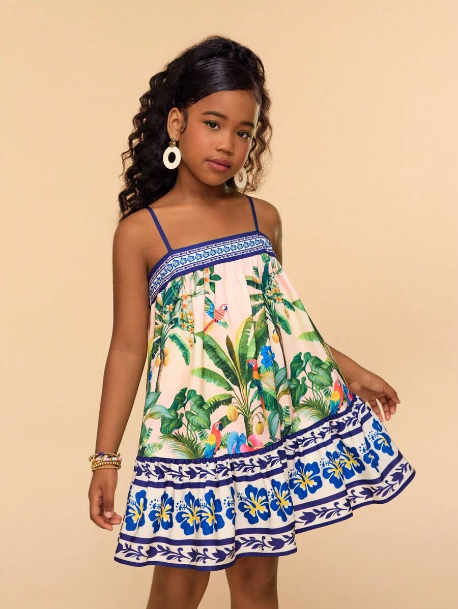 Travachic KIDS 少女碎花编织吊带连衣裙 - 米色 - 查看 1