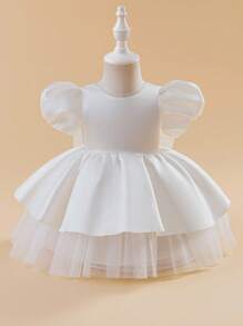 Glamorique Kids Baby Girl's Puffy Mesh & Satin Floral Dress, Bridesmaid/Birthday Tulle Dress With Bubble Sleeves, Bow Back, Infant Wedding/Party Pageant Gown Fall Winter