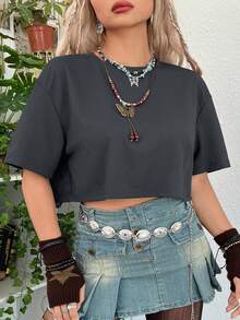 ROMWE Fairycore Oversize Women's Summer Vacation Hippie Style Butterfly Net Mesh Splice Drop Shoulder T-Shirt, Plus Size - Dark Grey - View 2