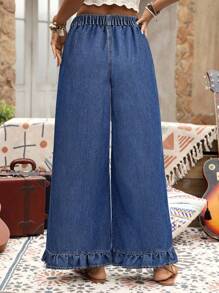 EMERY ROSE Plus Size Frilled Edge Wide Leg Denim Pants, Vacation Style - Dark Wash - View 2