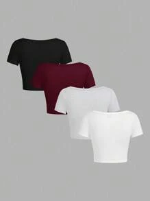 SHEIN EZwear 4 件套休闲简约黑色、深酒红色、灰色、白色圆领/方领短袖短款紧身 T 恤女款，适合夏季 - 彩色 - 查看 2