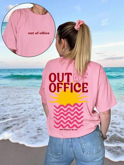 DrmWander Plus Size Women's Casual Creative"Out Of Office" Graphic Print Basic Short Sleeve Tee, Stylish