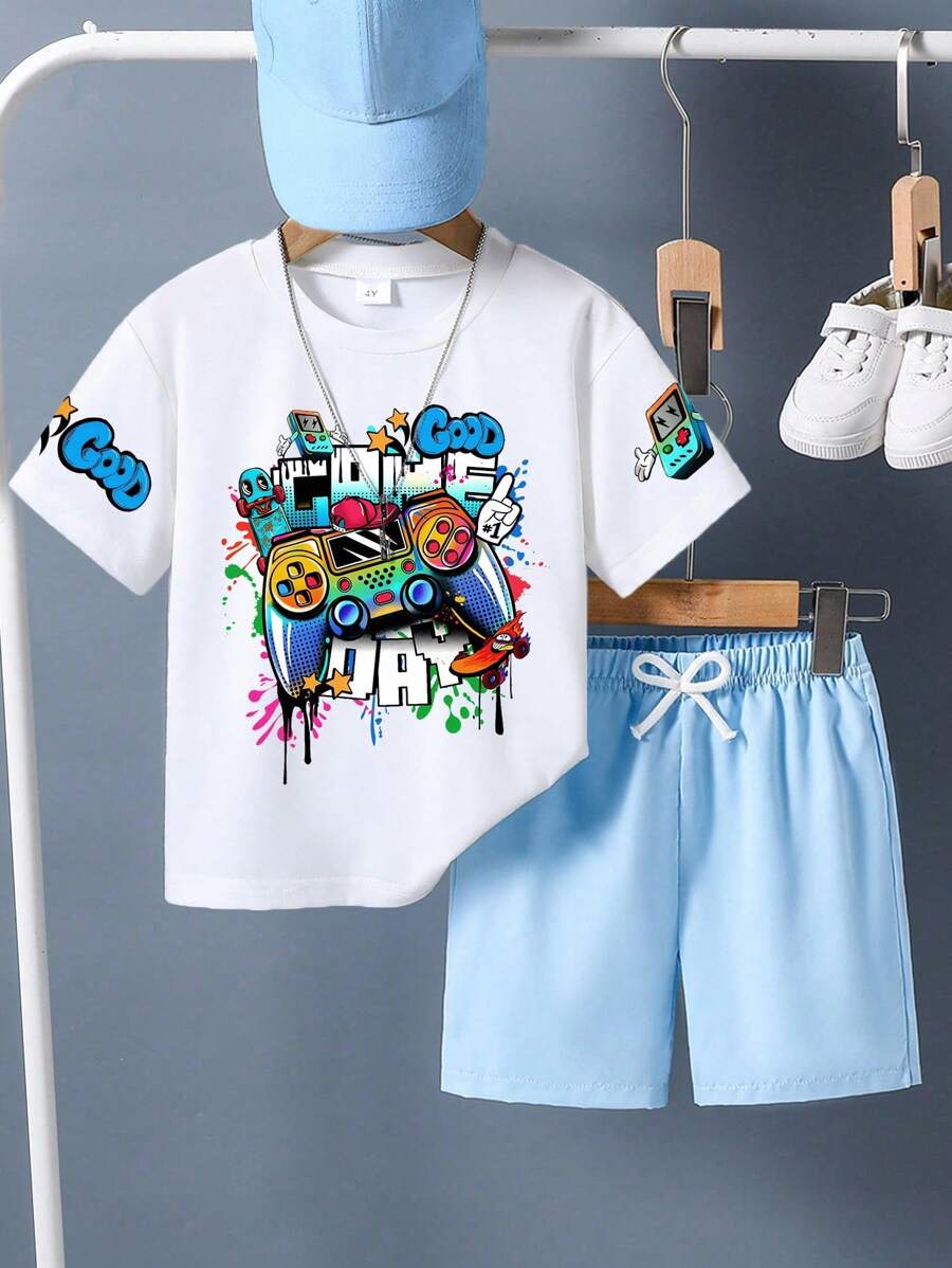 Young Boys' Good Game Day Print Round Neck Short Sleeve White T-Shirt And Blue Woven Shorts 2-Piece Set Kids Summer Sets Boy, School, Campus, College