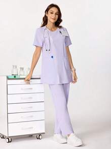 TaskEZ 蕾丝拼布休闲宽松多口袋上衣和高腰直筒裤/女士护理手术制服套装女士手术服套装女士服装 2 件护士手术服套装女士 - 紫色 - 查看 3