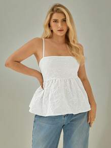 Auralis 大码女装春夏时尚休闲优雅舒适日常白色纹理面料吊带娃娃衫，荷叶边上衣，可爱上衣，外出上衣，欧式夏季，早午餐，波西米亚风 - 白色 - 查看 3