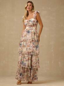 Enchnt 春夏浪漫女士卡其色花卉印花高开衩甜心领荷叶边下摆长裙，甜美优雅，适合度假、约会、节日、派对、毕业典礼、婚礼宾客和海滩，舞会礼服，女士夏季连衣裙，女士太阳裙，夏季服装，优雅的派对连衣裙 - 彩色 - 查看 6