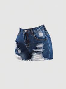 SHEIN Girlism 千禧少女春夏休闲纯灰色水洗低腰破洞毛边牛仔短裤，适合夏季海滩波西米亚风度假、夏季音乐会、音乐节、街头休闲派对、女生夏季早午餐毕业典礼等场合。 - 深色水洗藍 - 查看 1