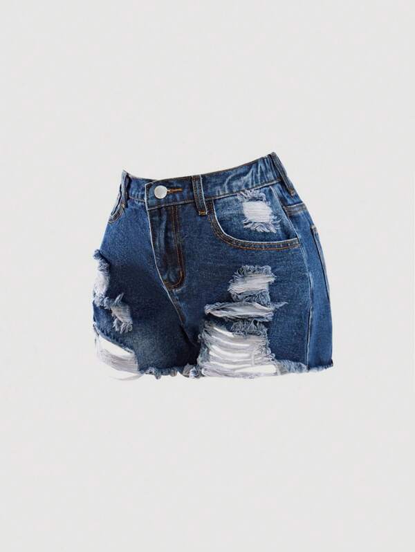 SHEIN Girlism Pantalones cortos vaqueros de cintura baja desgarrados y con bajo deshilachado, de color gris lavado, para adolescentes; shorts de verano estilo boho y playero para vacaciones, outfits informales para conciertos y festivales de verano, looks de verano para brunch, graduación y talla grande
