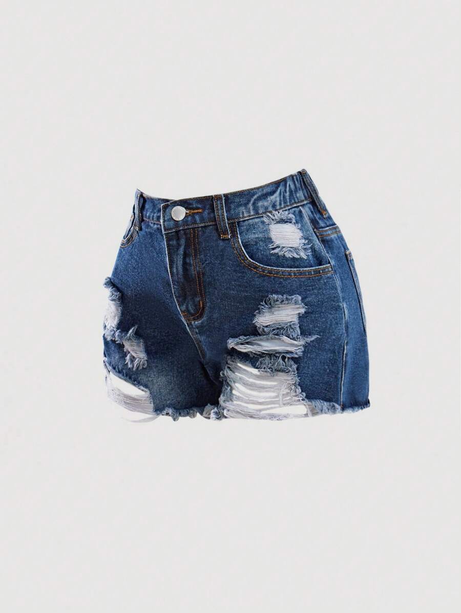 SHEIN Girlism 千禧少女春夏休闲纯灰色水洗低腰破洞毛边牛仔短裤，适合夏季海滩波西米亚风度假、夏季音乐会、音乐节、街头休闲派对、女生夏季早午餐毕业典礼等场合。 - 深色水洗藍 - 查看 1