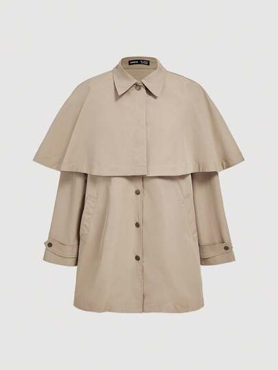 SHEIN MOD Women's Khaki Hooded Poncho Cape, Loose Trench Coat, Vintage Coat In Fall/Winter