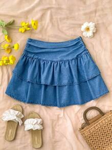 Soleia 新款女式双褶牛仔迷你裙/蓝色裙子/秋季服装/女士办公室服装/生日服装/女士外出上衣/教师服装/乡村音乐会服装 - 深色水洗藍 - 查看 1