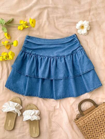 Soleia 新款女式双褶牛仔迷你裙/蓝色裙子/秋季服装/女士办公室服装/生日服装/女士外出上衣/教师服装/乡村音乐会服装