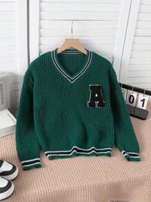 SHEIN 少女V领条纹毛衣，饰有字母A，简约活力学院风，清爽时尚，百搭实用，适合休闲、上学、日常出行、毕业派对、聚会、运动、网球等各种场合，秋冬季皆宜。 - 綠色 - 查看 3