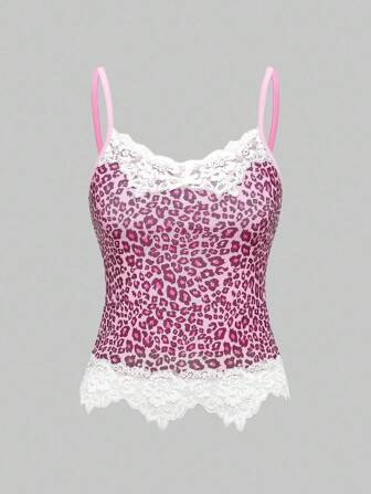 J-Fashion Top elástico ajustado con encaje de leopardo en contraste, lazo y malla para mujeres