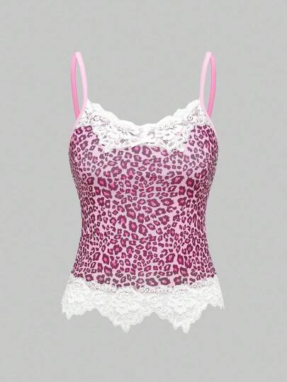 J-Fashion Top aderente ed elastico in rete con fiocco, bordo in pizzo e stampa leopardata, sexy, per donne