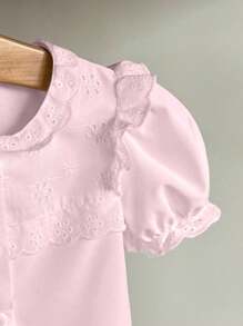 SHEIN Elladie kids 年轻女孩休闲花卉荷叶边泡泡袖短袖纯色衬衫，适合夏季休闲粉色衬衫 - 粉色 - 查看 5