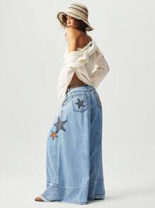 Bohemela 波西米亚风休闲度假风格西部牛仔女式纯色梭织阔腿裤，星星刺绣，宽松版型，适合女士