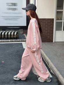 DAZY 少女羊毛衫套装，休闲宽松拼色设计，秋季 - 粉色 - 查看 5