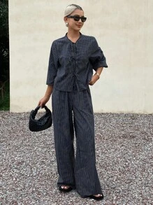 Livesso 女士条纹系腰上衣和宽松裤子两件套 - 藏蓝色 - 查看 1