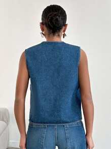EURMUSE 100%Cotton Women's Sleeveless Denim Top With V-Neckline, Flap Pockets And Front Opening - Blue - View 2
