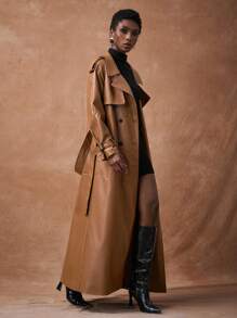 Zivah Áo khoác dài bằng da PU ve ve thời trang mới thu đông 2025 có túi, màu nâu, thường ngày, thích hợp mặc hàng ngày, dạo phố, đi làm, lễ hội âm nhạc, tốt nghiệp, sinh viên, ngày lễ, bãi biển - màu nâu - Xem 1