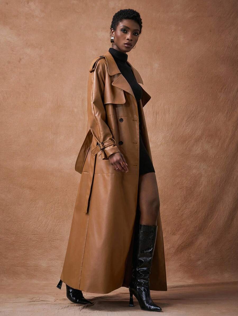 Zivah Áo khoác dài bằng da PU ve ve thời trang mới thu đông 2025 có túi, màu nâu, thường ngày, thích hợp mặc hàng ngày, dạo phố, đi làm, lễ hội âm nhạc, tốt nghiệp, sinh viên, ngày lễ, bãi biển - màu nâu - Xem 1