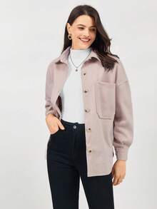 Miaspire 休闲纯色落肩口袋贴布大衣 - 杏色 - 查看 1