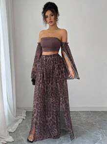 Rafferiza 2件套女士优雅露肩豹纹网眼上衣和裤子套装