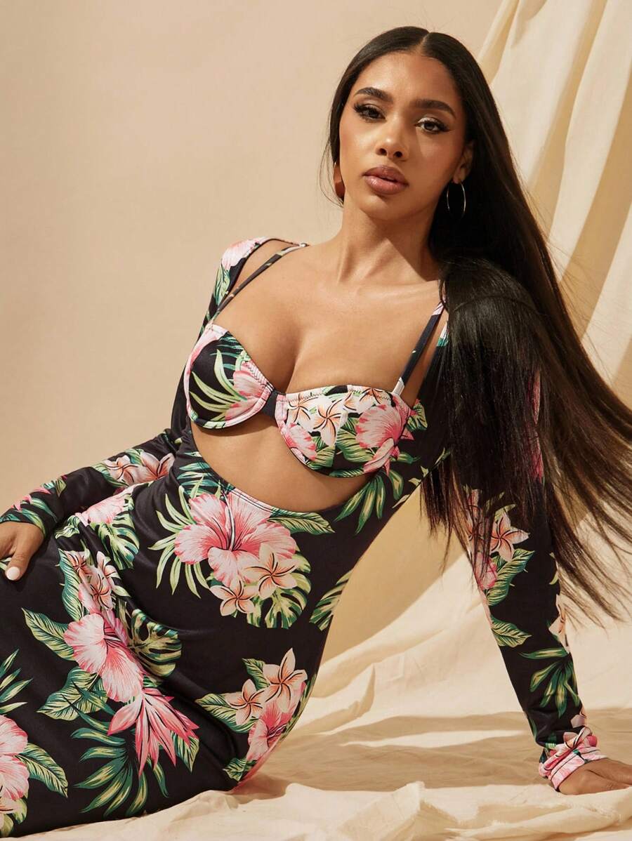 Vixey 2 piezas Vestido maxi ajustado de cuello en punta de manga larga y sujetador con relleno estampado con flores tropicales