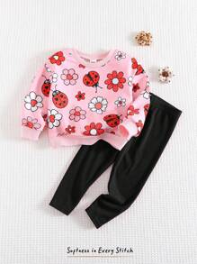 Cozy Pixies 女婴情人节卡通红心瓢虫花卉图案七星瓢虫针织柔软圆领长袖套头衫和松紧腰打底裤两件套，红色撞色