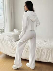 SHEIN EZwear 女式骑士印花落肩拉链连帽开衫和长裤两件套休闲秋冬套装 - 白色 - 查看 2