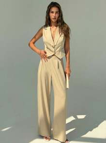 Aloruh 女士纯色大理石纹翻领单排扣背心和裤子休闲套装 - 杏色 - 查看 5