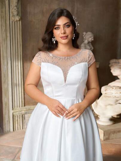 Aureia 加大码优雅性感圆领透明深 V 领奢华水钻大 A 字长裙，适合新娘、派对、送礼