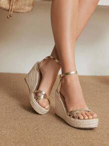 Styleloop Women's Woven Rope Platform Wedge Sandals, Vacation Style BOHO Chic Retro American Western Music Festival Party Outfit For Christmas Valentine's Day - Gold - View 4