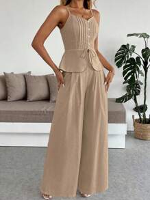 Almamuse 2 件套女士夏季休闲荷叶边下摆吊带背心和阔腿裤套装 - 卡其色 - 查看 6