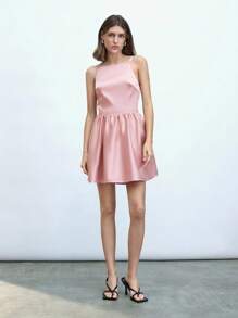 Maija Pink Satin Waist-Cinched Open Back Sleeveless Mini Dress, Elegant Fitted Simple Stylish Versatile, Suitable For Spring/Summer Festivals & Occasions - Pink - View 2