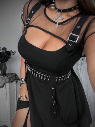 SHEIN Whyspr Grunge Punk Plus Size Dark Mesh Patchwork 2 In 1 Dress