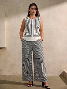 Juhart 2件套大码女式优雅条纹贴花无袖上衣和裤子套装 - 黑與白 - 查看 5