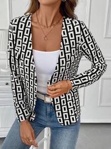 SHEIN Clasi Women's Casual Commuter Geometric Print Lightweight Jacket In Fall/Winter - Black and White - View 5
