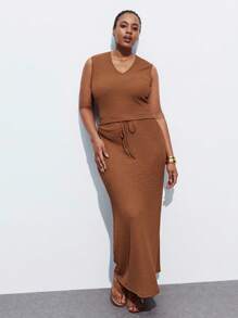Maija Plus Size Chocolate Brown 2 Pieces Set,Sleeveless Top & Drawstring Waist Skirt,Summer Holiday Smart Casual,Modest Vintage Old Money Teacher Outfits - Rust Brown - View 7