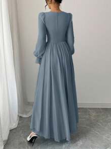 Modelyn Gaun Elegan Gaya Prancis Warna Polos dengan Ikat Pinggang Silang untuk Musim Gugur, Pakaian Liburan Wanita, Biru Muda Pucat - Dusty Blue - View 2