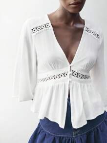 Maija 女士白色纽扣前开襟蕾丝拼接休闲沙滩度假波西米亚风纯色宽松中袖衬衫，适合圣帕特里克节、春假、复活节、音乐节、返校季等场合，俏皮可爱，商务休闲女式外出上衣，可爱百搭。 - 白色 - 查看 5